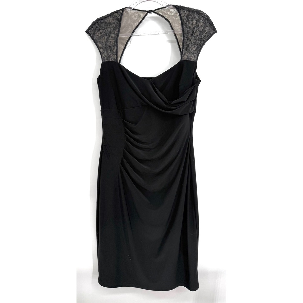 Lauren Ralph Lauren Evening Black Lace Cap Sleeve Ruched Sheath Dress Sz 14
